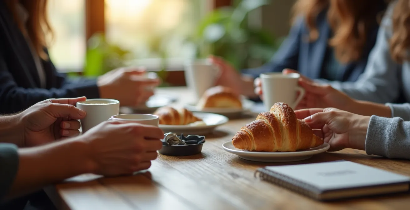 Gros plan sur des mains tenant des tasses de café autour d'une table en bois, avec carnet de notes et croissants
