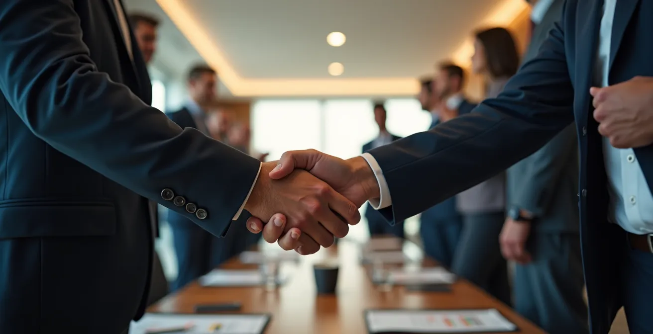 Poignée de main professionnelle entre deux personnes avec arrière-plan flou de collègues applaudissant