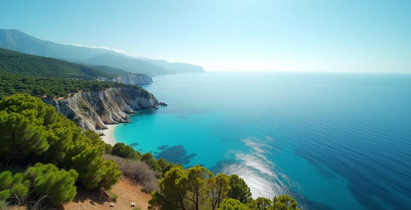 Vue panoramique aérienne de la côte méditerranéenne avec pins maritimes au premier plan