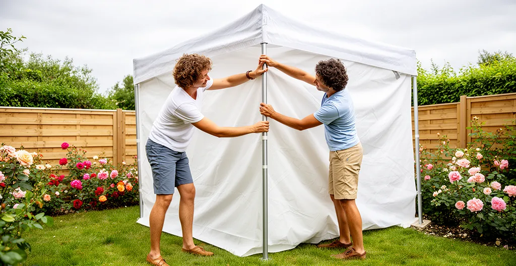 Installation d'un barnum blanc dans un jardin pour logistique événementielle