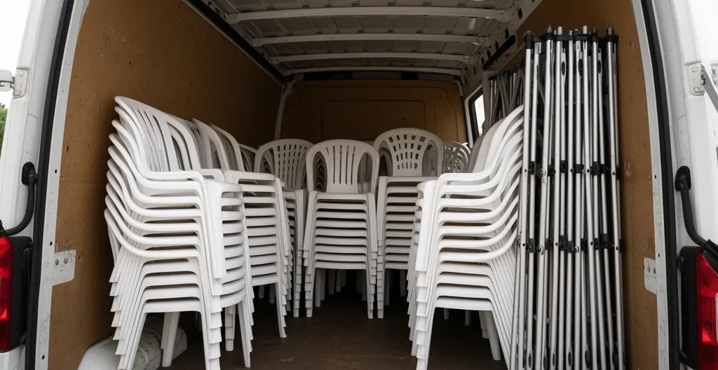 Tables et chaises empilées prêtes pour location événement