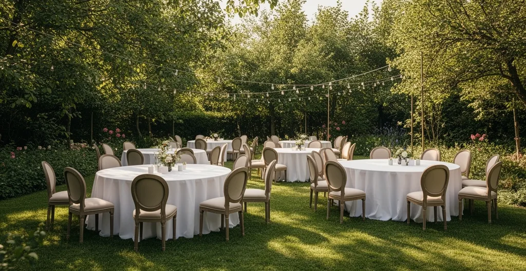 Tables dressées avec nappes et décoration pour événement extérieur